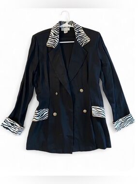 Vintage 90s Black Blazer Retro Zebra-Print Trim 1990s Jacket Glam Costume Chic